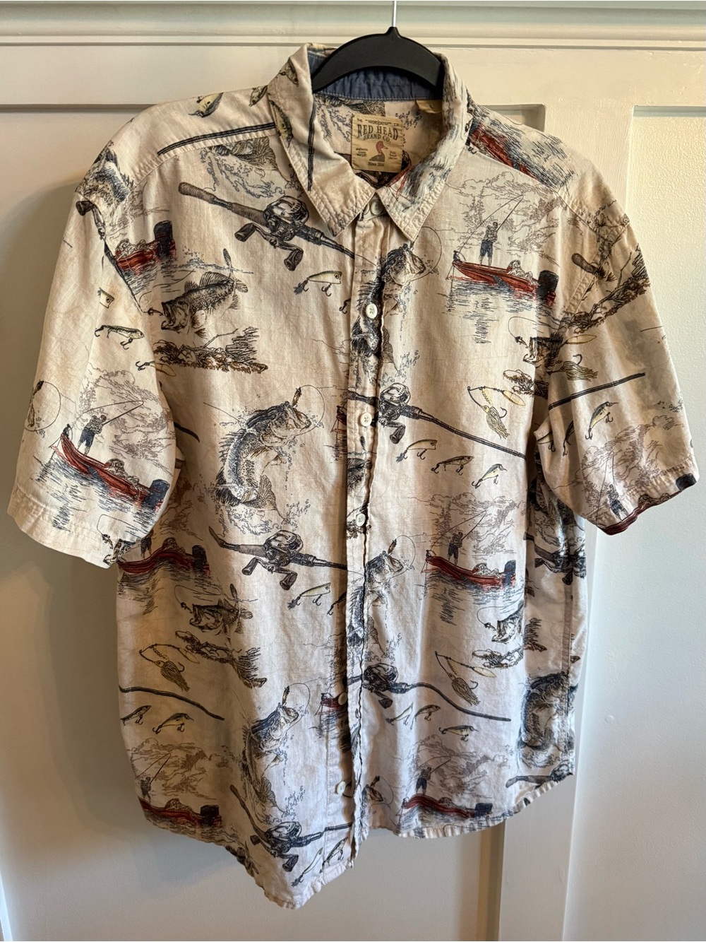 RedHead Beige Fishing-Print Short-Sleeve Button-Down Shirt Men's Large